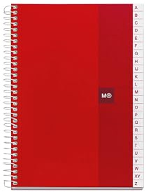 Miquelrius - Indexbok, 100 ark 70 g/m², linjerat rutnät 5 mm, alfabetisk indexbok, laminerat kartongomslag, färg röd, storlek 152 x 210 mm
