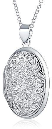 Colgante De Collar Con Relicario De Fotos De Diseño Redondo Ovalado Para Mujeres, Personalizable, Estilo Vintage, Oxidado, De Plata Esterlina .925, Con Relieve De Pergamino Floral De Girasol