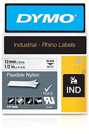 DYMO Rhino Industrial Flexible Nylon Labels | 12 mm x 3.5 m | Black Print on White | Self-Adhesive | for Rhino & LabelManager Label Makers
