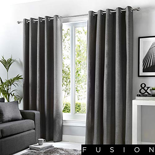 Fusion Sorbonne Dark Grey Eyelet Curtains – W66 x L90 (168x229cm) – 100% Cotton – Thermal Lined Drapes – 2 Panels – Charcoal Door Curtains – Bedroom/Living Room Window Treatment – Modern Style