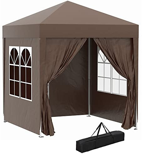 Outsunny 2 x 2 m Garden Pop Up Gazebo, Wedding Party Tent Marquee, Water Resistant Awning Canopy with Sidewalls, Windows, Carry Bag, Coffee