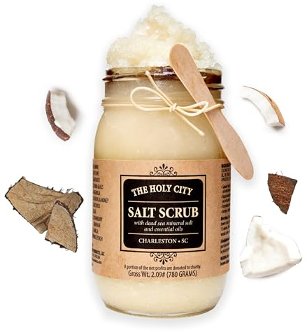 HOLY CITY SKIN PRODUCTS Exfoliating Body Scrub - Pure Dead Sea Salt Scrub for Hands and Body, 16 fl oz Hydrating Moisturizing Skin Care for Body Acne, Wrinkles (Coconut)