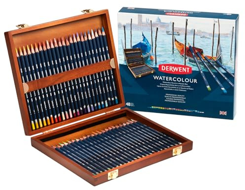 Derwent Aquarellstifte in einer Geschenk-Box aus Holz, Zeichnen & Malen, 48er-Set, Ideal zum Vermischen & Schichten, Professionelle Qualität, 0700758