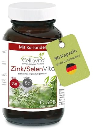 Cellavita - Zink-Selen & Koriander Vita 90 vegane Kapseln im Glas 50 g – Zinkcitrat & Natriumselenit zur Unterstützung des Immunsystems & Zellschutzes – Zusatzstofffreies Nahrungsergänzungsmittel