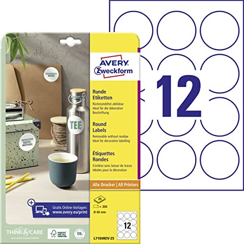 AVERY Zweckform L7104REV-25 runde Etiketten (zum Bedrucken, selbstklebend, Ø 60 mm, A4, 300 Aufkleber auf 25 Blatt, wieder haftende Klebepunkte zum Kennzeichnen von Unterlagen, Produkten) weiß