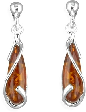 Looped Lozenge 925 Sterling Silver Amber Earrings for Women/Girls - Unusual Dangly/Dangling Sterling Silver Drop Earrings for Women - Ear Stud Baltic Amber Jewellery. 080467