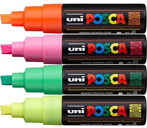 Posca - PC-8K Fluoreszierender breiter Meißelspitze Marker - Packung mit 4