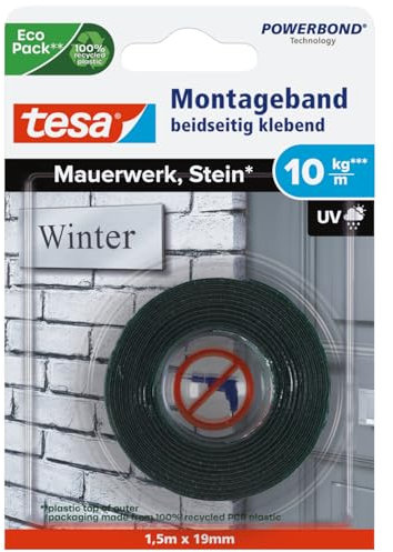 tesa Powerbond Montageband für Ziegel und Stein, 10 kg Haltekraft pro Meter - doppelseitiges Montageklebeband für Innen und Außen - 1,50 m x 19 mm