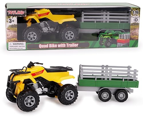 Toyland® Farm Quad & Trailer Playset - 1:16 Scale Free-Wheel Action Quad Bike - Boys Farm Toys with Detachable Trailer - Yellow Agricultural Toy Vehicle