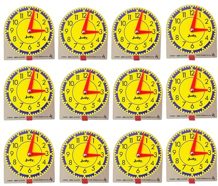 Judy Carson Dellosa 12 Mini Judy Clocks Set, 4 x 4 Learning Clock for Kids Ages 4-8, Kids Analog Clock for Teaching Time, Teaching Time Activity Set for Schools, Homeschool and Daycare