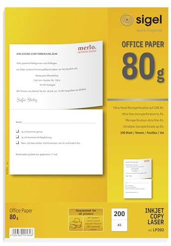 Sigel LP202 speciellt mikroperforerat multifunktionellt kontorspapper, vit, A5/A4, 80 gsm, 100 A4-ark = 200 A5-ark