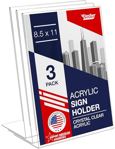 Slant Back Acrylic Sign Holder 8.5 x 11 Inches, Portrait Ad Frame and Flyer Display Stand. Menu Holder & Table Sign Display for Home, Office, Store, or Restaurant. Acrylic Stands for Tabletop (3 Pack)
