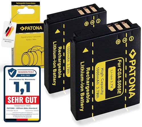 PATONA 2x CGA-S005 Batteria 1000mAh compatibile con Panasonic Lumix DMC-FC01 FX50 FX100 LX3 LX9 Leica DLUX 2 Fuji FinePix F20 F40 Pentax MX-1 S005 DMW-BCC12 BP-DC4 Fujifilm NP-70 Ricoh Caplio DB-60