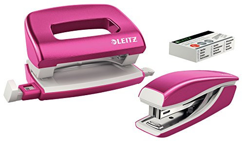 Leitz 55996023 Mini-Heftgerät-und Locher-Set (für bis zu 10 Blatt, Inkl. Heftklammern, WOW) metallic pink
