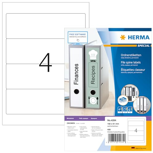 HERMA 4284 mappetiketter A4 ogenomskinlig, kort/bred (192 x 61 mm, 100 ark, papper, matt) självhäftande, utskrivbara, permanenta mappa ryggetiketter, 400 filetiketter, vit
