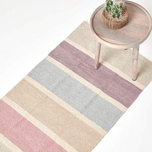 Homescapes waschbarer Chenille Teppich/Läufer 66 x 200 cm, handgewebt aus 100% Baumwolle, blau, beige, lila und grau gestreift