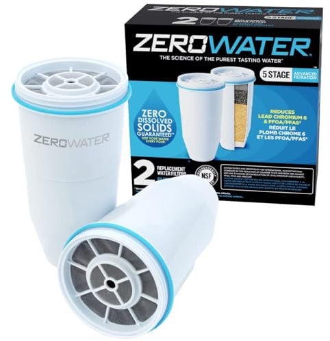 ZeroWater Replacement Water Filter Cartridges | 5 Stage Filtration System Reduces Fluoride, Chlorine, Lead and Chromium, 2 x Filter