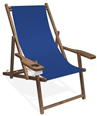 Holz-Liegestuhl mit Armlehne und Getränkehalter, Klappbar, mit dunkelbrauner Lasur, Wechselbezug (Königsblau)