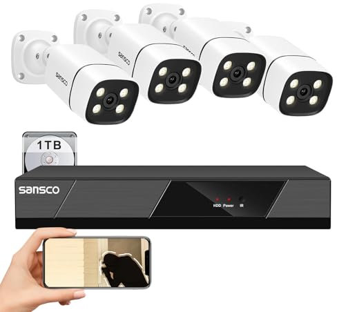 SANSCO 4K 8MP PoE CCTV Camera System, 8CH NVR Security System with 1TB HDD for 24/7 Recording, 4x 8MP Outdoor IP Cameras (2-Way Audio, Human Face/Vehicle Detection, Color Night Vision, Remote Access)
