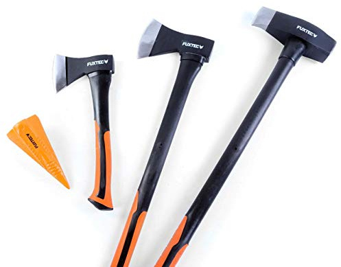 Set di 3 asce FUXTEC + cuneo a fissione – Ascia accetta scure da spacco- Manici in gomma - Nucleo in fibra di vetro - Superficie di spacco lucidata - Protettore in gomma per la superficie di spacco