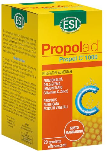 ESI - Propolaid Propol C, Integratore Alimentare di Vitamina C, con Estratto di Propolis, Supporta il Normale Funzionamento del Sistema Immunitario, Senza Glutine e Vegetariano, 20 Tavolette