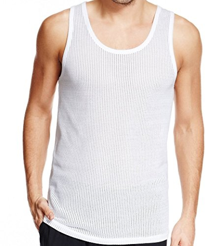 Mens Classic 100% Cotton Eyelet Mesh Vest Singlet Underwear (Pack of 3) - White - M