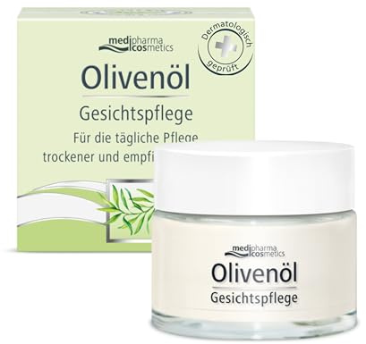 Olivenöl Gesichtspflege - mit kaltgepresstem Olivenöl, Avocado-, Weizenkeim- und Mandelöl - für trockene und empfindliche Haut - medipharma cosmetics - 50 ml