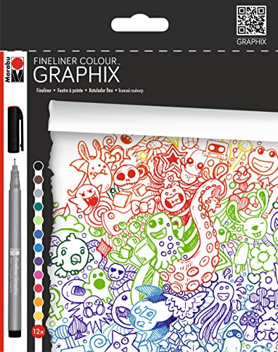 Marabu 014600000100 – Fineliner Graphix, Set Doodle Supreme, 12 lysande färger, linjetjocklek ca 0,5 mm, vattenbaserat pigmentbläck, metallinfattad plastspets