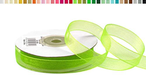 Organzaband 12mm x 25m Rolle - FARBAUSWAHL in 3/6/12/25/38mm - transparent, farbecht & waschbar - Schleifenband für Hochzeit - Geschenkband zum Verpacken Dekorieren Basteln - Hellgrün Maigrün 550