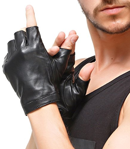 Nappaglo Men's Classic Fingerless Gloves Imported Lambskin Leather Silk Lining Half Finger Driving Cycling Outdoor Gloves (L (Palm Girth:8.5-9), Black)