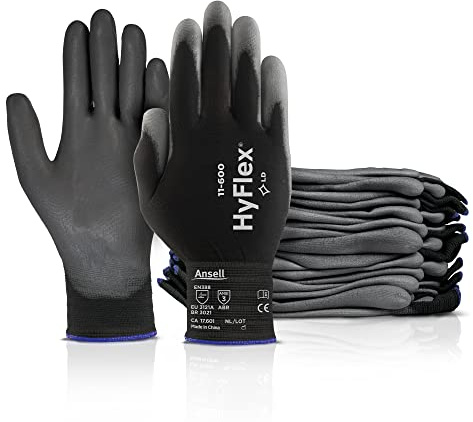 HyFlex 11-600 Multi-Purpose Light Duty Industrial Gloves w/Palm Coating for Metal Fabrication, Machinery, Automotive - Size 9, Black (12 Pairs)