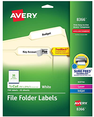 Avery 8366 Permanent Filing Labels, 1/3 Cut, 750/PK, White