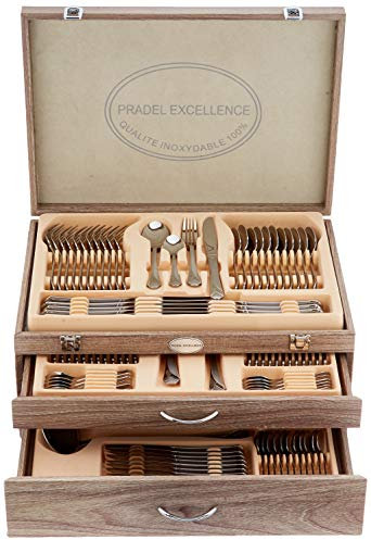 Pradel Excellence - Ménagère Ambiance 113 Pièces - Coffret Bois 2 Tiroirs - Service pour Grandes Occasions - Design Sablé et Brillant - Poignées Ergonomiques pour Confort