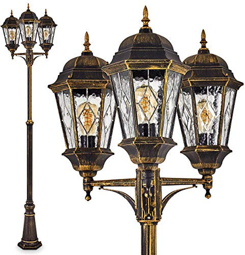 Außenleuchte Hongkong, 3-armig, Kandelaber Braun-Gold, 3 x E27, Gartenbeleuchtung aus Aluguss mit echten Glasscheiben, Laterne für den Aussenbereich, Wegeleuchte Garten, Höhe 220 cm, ohne Leuchtmittel