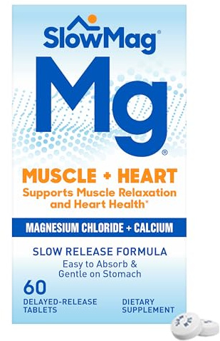 SlowMag Muscle + Heart Magnesium Chloride with Calcium Supplement to Support Muscle Relaxation, Occasional Muscle Cramping & Heart Health, High Absorption, 60 Count
