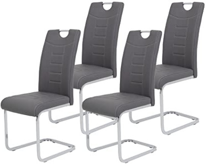 Hela Tische, 4er Set Schwingstuhl Küchenstuhl Ruby, Kunstleder Grau, Griffmulde, Metallgestell + Griff Chrom, 140kg belastbar