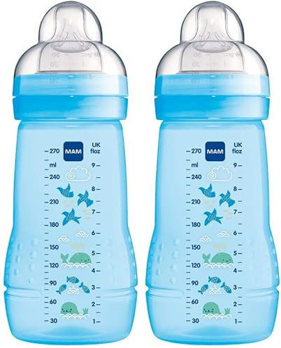 MAM Easy Active Bottles | 2 Pack (2 x 270ml) | Medium Flow MAM Teats Size 2 | Baby Accessories | Blue (Various Designs)