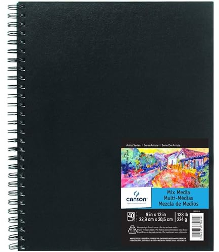 Canson Mix Media Art Book, Heavyweight French Paper, Double Sided Fine and Medium Texture, Side Wire Bound, 138 Pound, 9 x 12 Inch, 40 Sheets