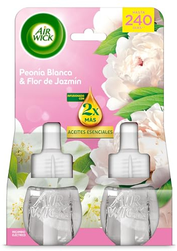 Air Wick Eléctrico - Pack de 2 Recambios para Ambientador Eléctrico Air Wick con aroma a Peonia blanca y Flor de Jazmín, infusionado con 2 veces más aceites esenciales - 240 días