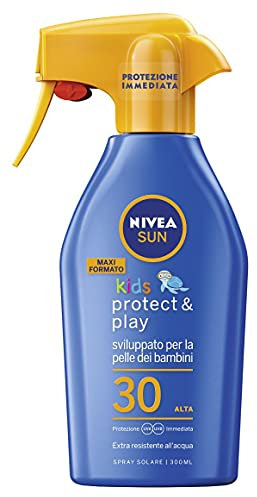 NIVEA SUN Maxi Spray Solare Kids Protect & Play FP30 in flacone spray da 300 ml, Protezione solare per bambini resistente all'acqua, crema solare per pelli delicate
