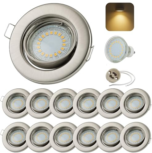 Sweet Led Einbaustrahler 230V 12er Set – mit 5W LED (3000K Warmweiß & GU10 Fassung) – schwenkbar Ø68mm – Chrom gebürstet – Komplettset mit Leuchtmitteln, Einbauleuchten, Deckenspots, Deckenstrahler