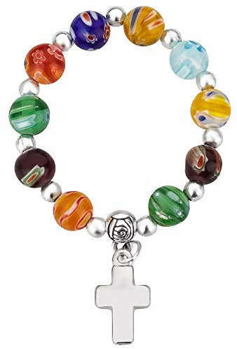 FINGERROSENKRANZ MURANOGLAS – ca. 8 mm Perlen – Bunte Glasperlen mit Kreuz – GESCHENK ZUR KOMMUNION oder TAUFE – Mini-Rosenkranz für unterwegs – MaMeMi Markenqualität