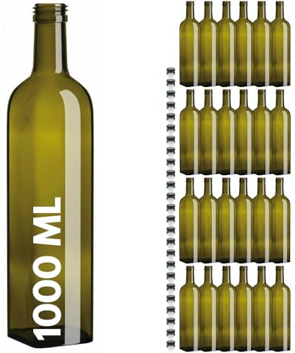 12 Botellas de vidrio oscuro absorbente de rayos UV, para aceite o licores con capacidad de 1000 ml, con tapón