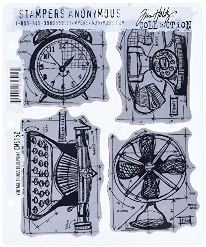 Stampers Anonymous Tim Holtz Cling Rubber Stamp Set, 7 by 8.5-Inch, Vintage Things Blueprint