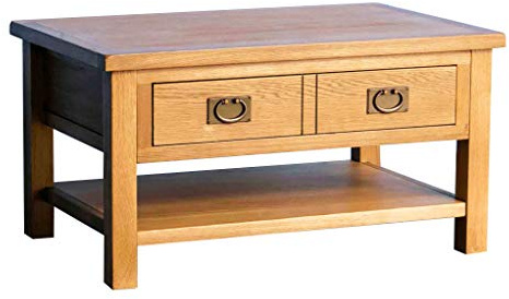 RoselandFurniture Surrey Oak Coffee Table with Storage Drawer | Traditional Rustic Waxed Solid Wood Rectangular Living Room Furniture with Shelf, H:45cm W:85cm D:55cm