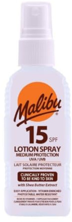 Malibu Sun Lotion en spray SPF 15, crème solaire de protection moyenne, résistante à l'eau, enrichie en vitamines, à l'extrait de beurre de karité, 100 ml
