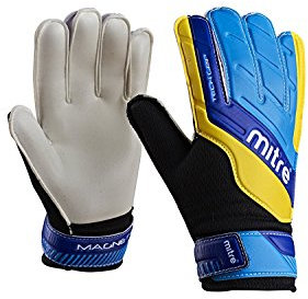 Mitre Magnetite Kinder-Torwarthandschuhe | sei bereit für das Fußballspiel | hoher Komfort, Schwarz/Blau/Gelb, Größe 5
