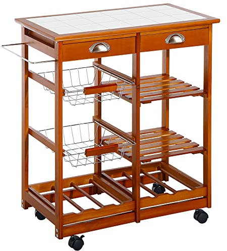 HOMCOM Servierwagen Rollwagen Küchenwagen Küchentrolley mit Keramik-Tischplatte und ausziehbaren Metallkörben Küchenrollwagen Beistellwagen Natur 74 x 37 x 76 cm