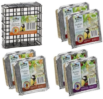 Dehner Natura Premium Wildvogelfutter, Futtertafeln Mix mit Beeren / Erdnuss / Insekten, inkl. Spender, Ganzjahresfutter proteinreich / energiereich, hochwertiges Vogelfutter für Wildvögel, 6 x 300 g