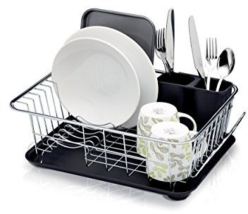 KitchenCraft Abtropfständer, verchromter Edelstahl, erhöhtes Drahtgestell, Abtropftablett mit Abfluss, einhängbarer Besteckbehälter mit Abflusslöchern, viel Stauraum, 42cm x 30.5cm x 15.5cm